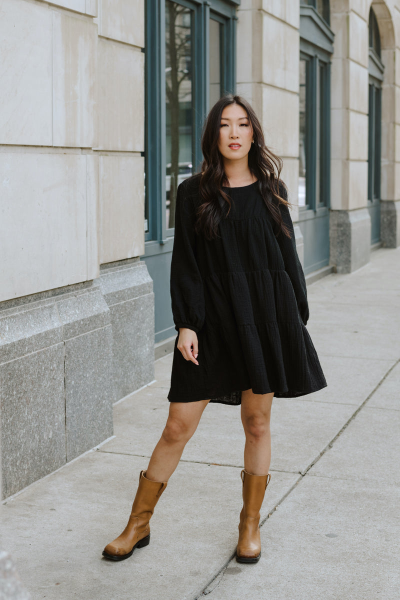 Tiered Mini Dress - Cotton Gauze - Black