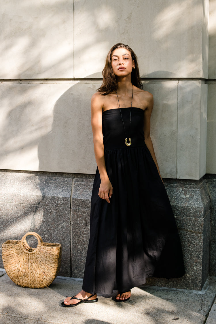 black strapless dress cotton St. Agni Black Gathered Strapless Tie Back Maxi Dress