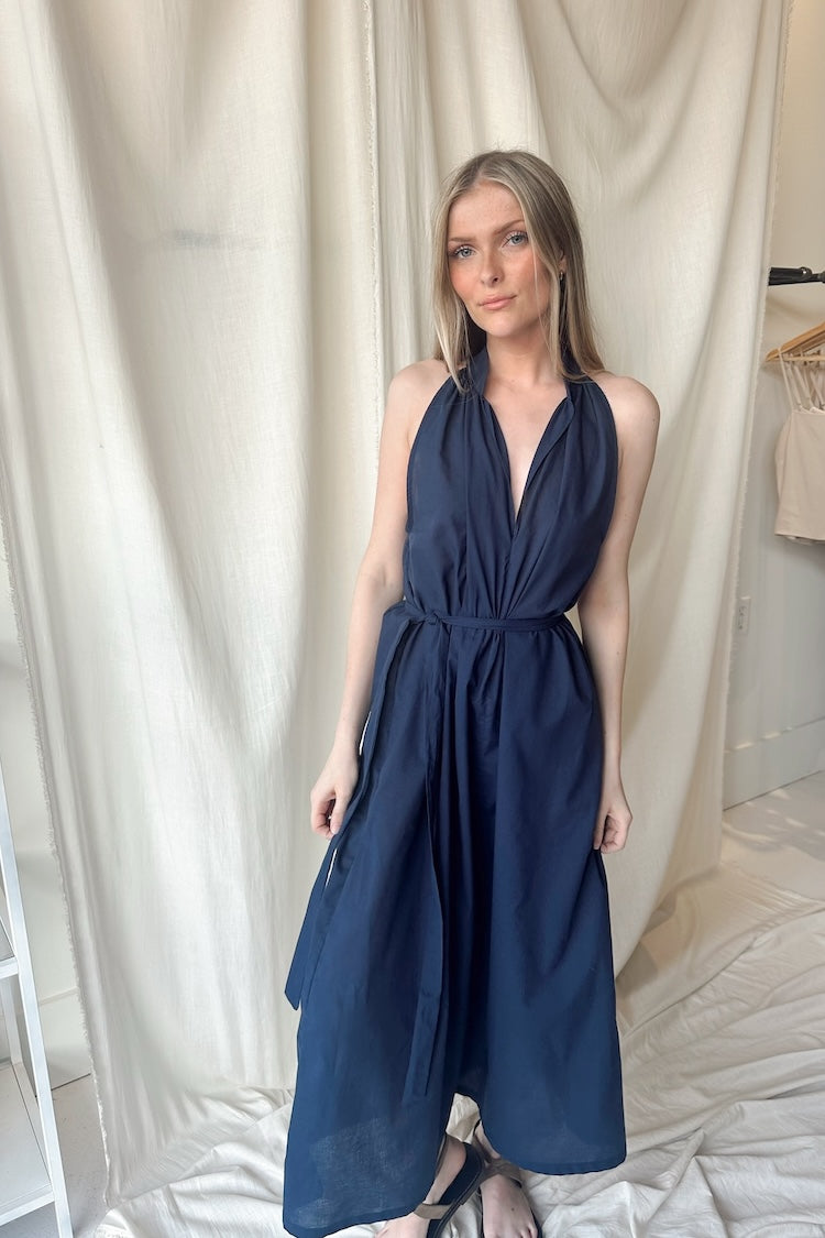 navy loose dress Lily Navy Gauze Belted Midi Dress